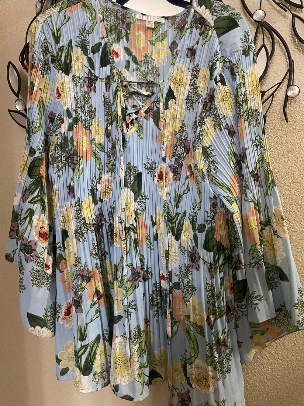 Spense Light Blue Floral Lace-Up Pleated Tunic